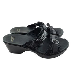 Dansko Wedge Sandals Jessie Size 41 10.5-11 Black Lizard Leather Slip On Buckle